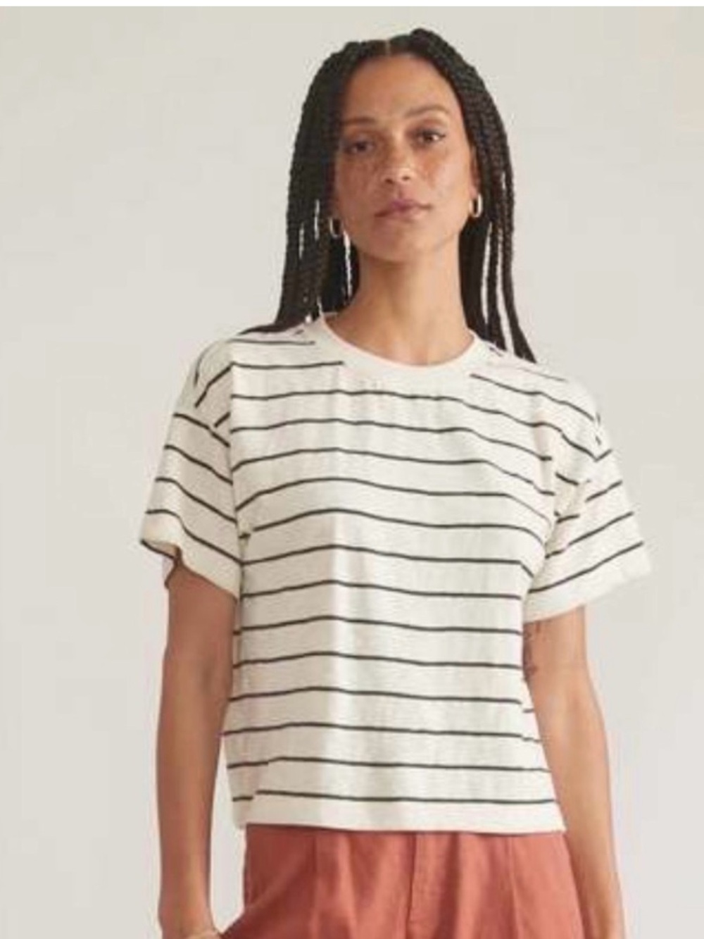 Marine Layer Vintage Slub Cropped Tee Boxy Tee with Cream Black Stripes Medium